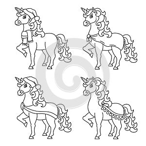 Cute unicorn. Magic fairy horse. Coloring book page for kids. Christmas theme. Cartoon style. Vector illustration isolated on