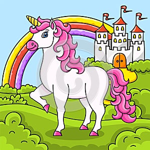 Cute unicorn. Magic fairy horse. Landscape with a beautiful castle. Cartoon character. Colorful vector illustration. Isolated on