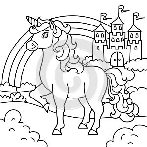 Cute unicorn. Magic fairy horse. Landscape with a beautiful castle. Coloring book page for kids. Cartoon style. Vector