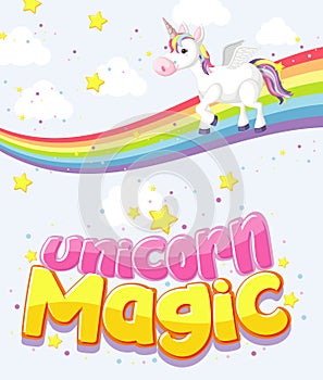 Cute unicorn magic text logo on sky background
