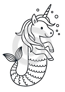 Cute unicorn mermaid coloring page cartoon illustration.