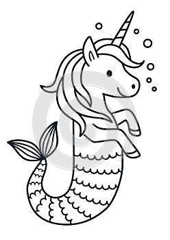 Cute unicorn mermaid coloring page cartoon illustration. photo
