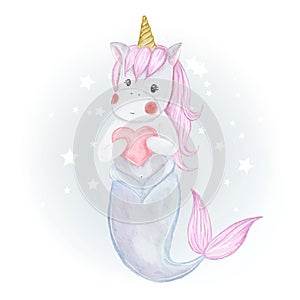 Cute unicorn mermaid illustration of watercolor