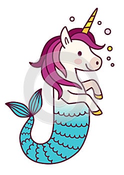 Cute unicorn mermaid simple cartoon illustration. Magical