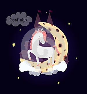 Cute unicorn on moon with dream castle good night