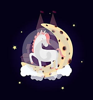 Cute unicorn on moon with dream castle night sky