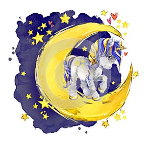 Cute unicorn on the moon. watercolor Night fairytale sky illustration