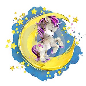 Cute unicorn on the moon. watercolor Night fairytale sky illustration