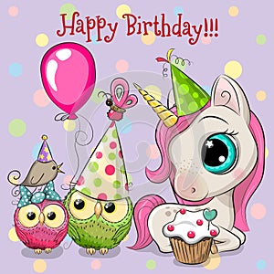 Cute Unicorn and owls with balloon and bonnets