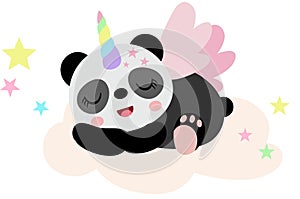 Cute unicorn panda sleeping on cloud