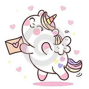 Cute Unicorn pegasus cupid vector fly on sky with love letter pony cartoon kawaii animals horse pastel background Valentines day
