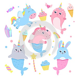 Cute unicorn, pegasus, narwhal, mermaid cat, bunny and magical i