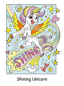 Cute unicorn pegasus with rainbow color vector illustration