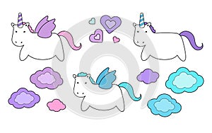 Cute unicorn and pegasus set, clouds and hearts, doodle  illustration