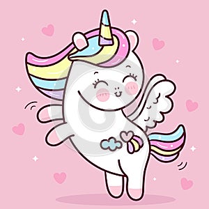 Cute Unicorn pegasus vector dance with bow sweet heart pony cartoon kawaii animals pastel background Valentines day gift