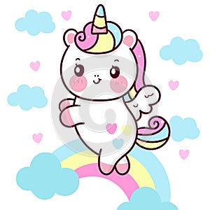 Cute Unicorn Pegasus vector fly on pastel sky with sweet rainbow cloud and heart pony cartoon kawaii animals background Valentines