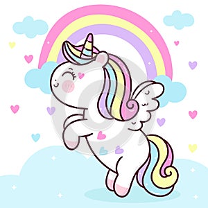 Cute Unicorn Pegasus vector fly on pastel sky with sweet rainbow and cloud pony cartoon kawaii animals background Valentines day g