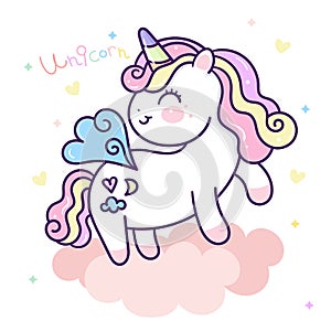 Cute Unicorn pegasus vector fly on sky with pastel cloud pony cartoon