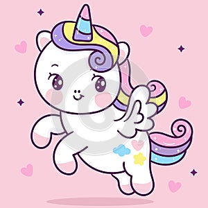 Cute Unicorn pegasus vector fly on sky pony cartoon pastel background Valentines day