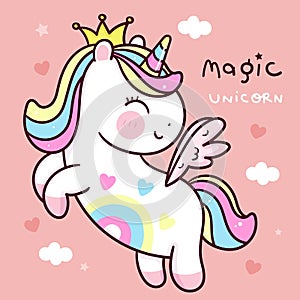 Cute Unicorn pegasus vector fly on sky princess pony cartoon pastel background Valentines day