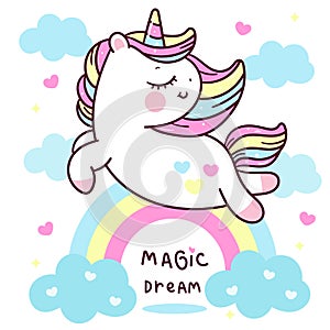 Cute Unicorn pegasus vector fly on sky with rainbow sweet heart and cloud pony cartoon pastel background Valentines day