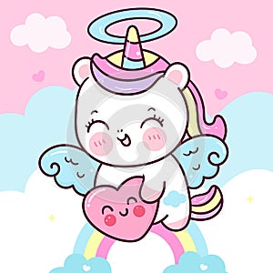 Cute Unicorn Pegasus vector holding heart fly on pastel sky with sweet cloud pony cartoon kawaii animals background  Valentines da