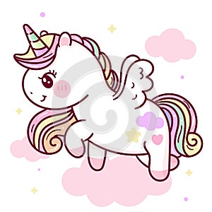 Cute Unicorn pegasus vector on sky with sweet heart and cloud pony cartoon pastel background Valentines day