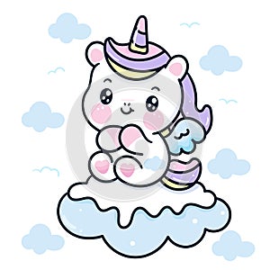 Cute Unicorn pegasus vector  on snow cloud pony cartoon winter season