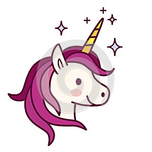 Cute unicorn with pink mane vector illustration. Simple flat lin