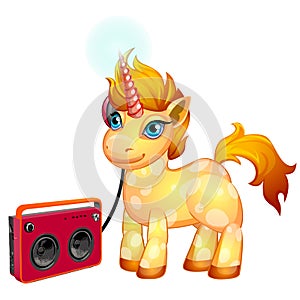Cute unicorn pony with a fiery mane listening to music isolated on white background. Vector cartoon close-up