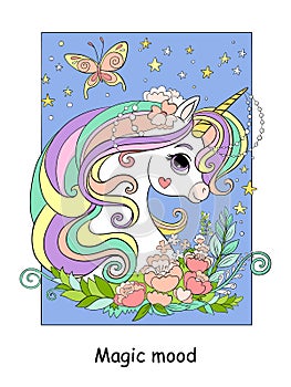 Cute unicorn portrait with flowers vector illustration