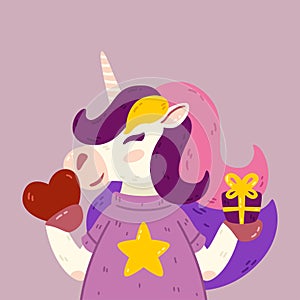 Cute unicorn portrait with gift and heart. Valentine`s day romantic horse with horn, present, t-shirt. Vector illustration