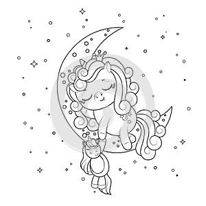 Cute unicorn princess sleeping with toy unicorn on crescent amongst stars. Coloring page for kids.