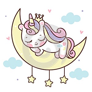 Cute Unicorn princess sleeping vector on moon with cloud pony sweet dream cartoon