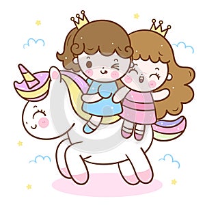 Cute Unicorn Princess vector, Kawaii girls cartoon ride pony child horse