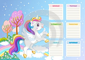 Cute unicorn printable weekly planner vector