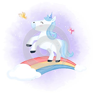 Cute unicorn and rainbow on blue sky hand drawn animal watercolor illustration