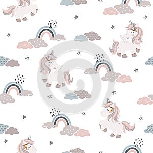 Cute unicorn, rainbow and cloud in boho style seamless pattern