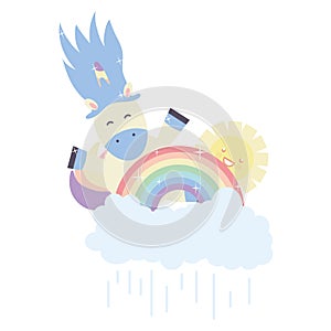 Cute unicorn in rainbow with clouds and sun kawaii characters