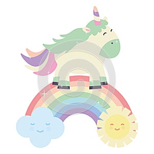 Cute unicorn in rainbow with clouds and sun kawaii characters