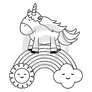 Cute unicorn in rainbow with clouds and sun kawaii characters