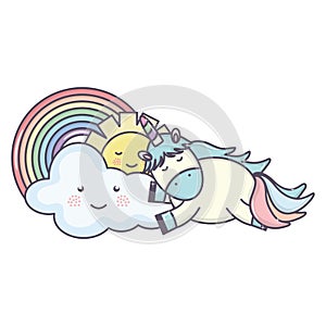 Cute unicorn in rainbow with clouds and sun kawaii characters