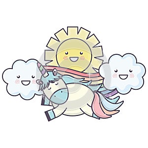 Cute unicorn in rainbow with clouds and sun kawaii characters