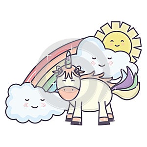 Cute unicorn in rainbow with clouds and sun kawaii characters