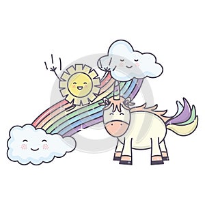 Cute unicorn in rainbow with clouds and sun kawaii characters
