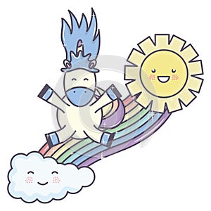 Cute unicorn in rainbow with clouds and sun kawaii characters