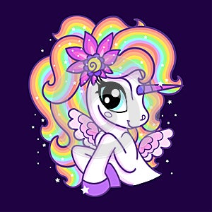 Cute unicorn with a rainbow mane. Children`s design. Vector