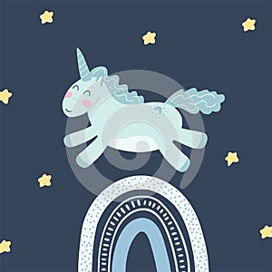 Cute unicorn, rainbow and stars in cartoon flat style. Vector illustration of baby horse, pony animal in tyrquoise color