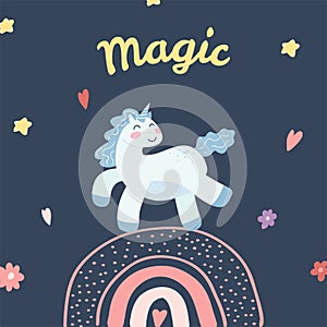 Cute unicorn, rainbow and stars in cartoon flat style. Vector illustration of baby horse, pony animal in tyrquoise color