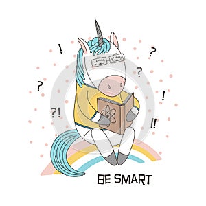 Cute unicorn reading a book